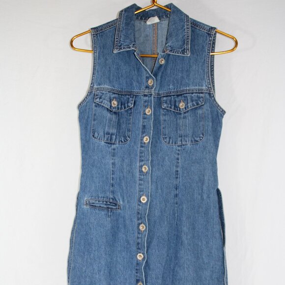 Vintage Old Navy Shirt Dress Women's 2 Blue Denim Sleeveless Y2K Button-Up Mom - Picture 2 of 8